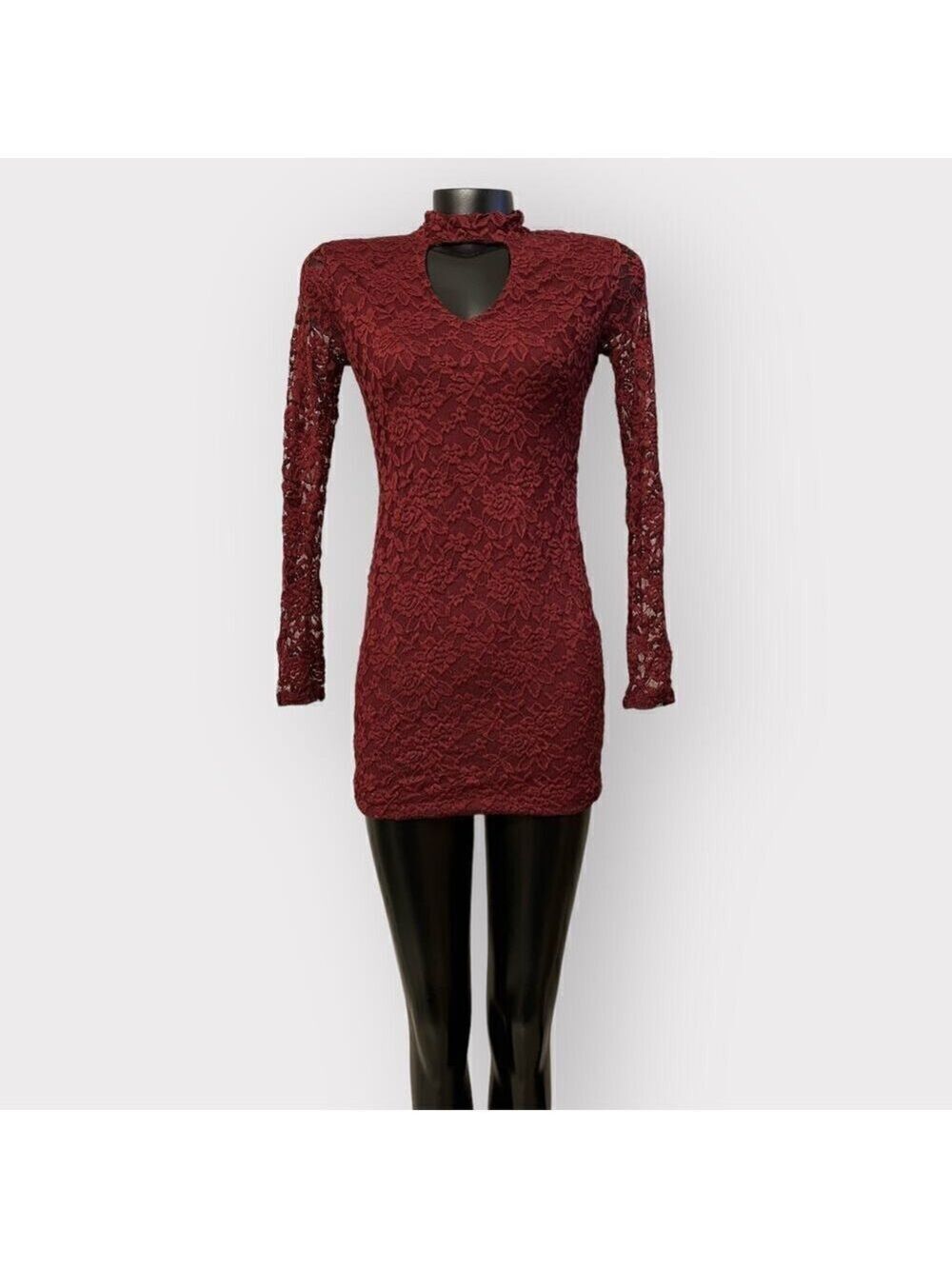 VINTAGE 90s Red Lace Long Sleeve Mini Bodycon Dress Womens sz S Keyhole Burgundy
